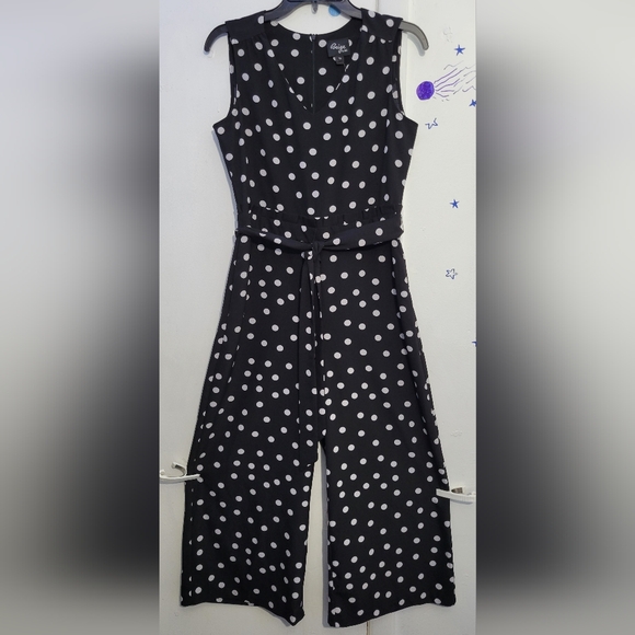 Beige by eci Pants - NEW Black Jumpsuit V Neck Beige By Eci White Polka Dot XSmall One Piece Pant